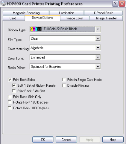 HDP 600 Card Printer Printing Preferences dialog box displaying the Device Options tab with various options for the printer